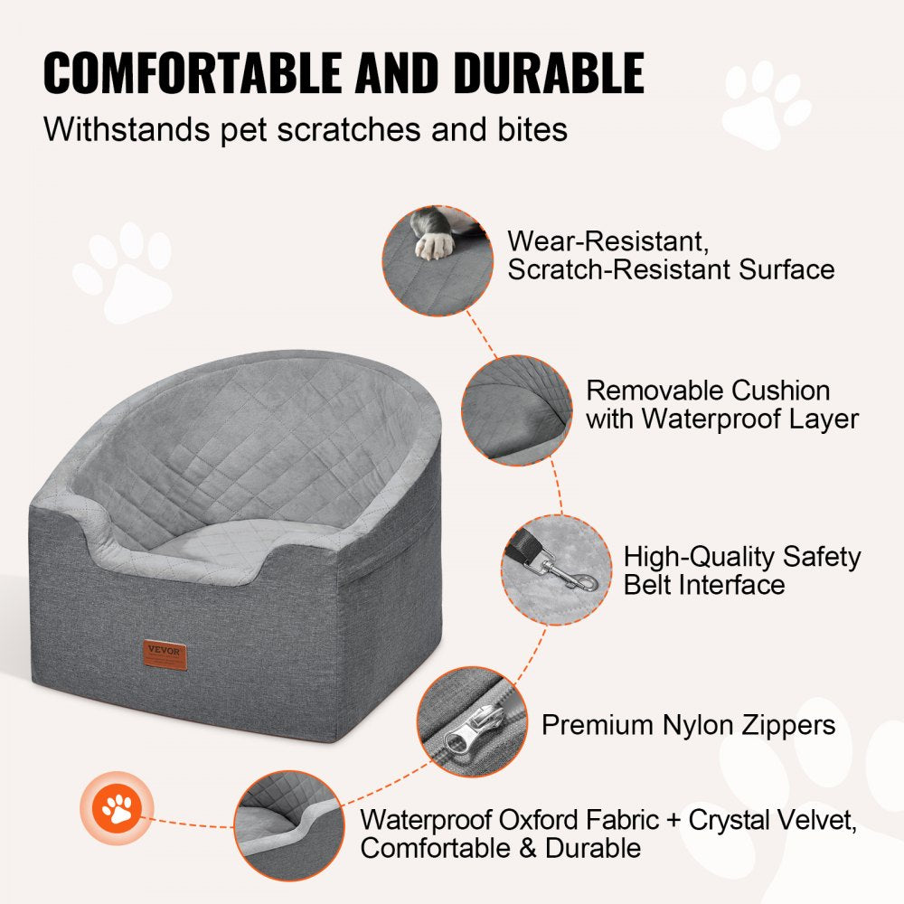 VEVOR Dog Car Seat, Waterproof Dog Booster Seat for Car with A Storage Pocket, Clip-On Safety Leash and Sponge Filling, Dog Car Bed for Small & Medium Dog up to 55lbs, Gray