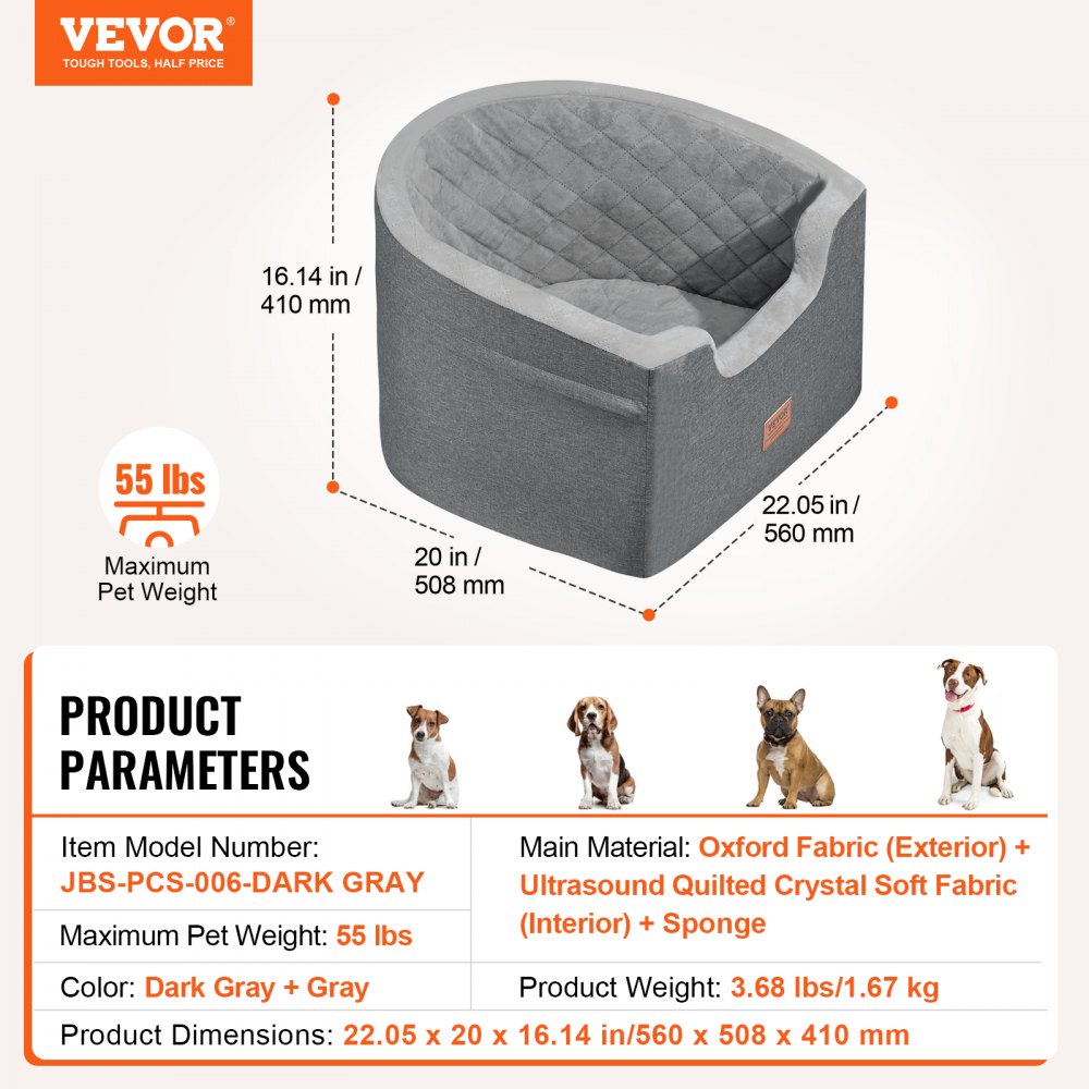 VEVOR Dog Car Seat, Waterproof Dog Booster Seat for Car with A Storage Pocket, Clip-On Safety Leash and Sponge Filling, Dog Car Bed for Small & Medium Dog up to 55lbs, Gray