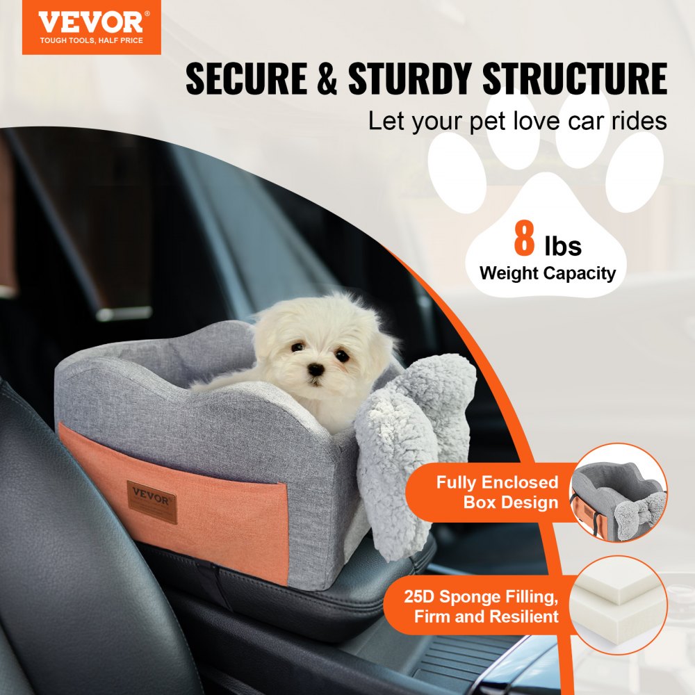 VEVOR Console Dog Car Seat, Center Console Dog Booster Seat for Small Dog, Pet Car Seat for Car Armrest with Clip-On Leash, Adjustable Straps, Supports up to 8lbs, Dark Gray