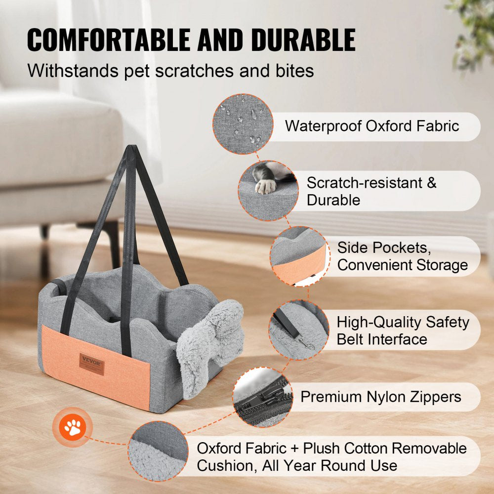 VEVOR Console Dog Car Seat, Center Console Dog Booster Seat for Small Dog, Pet Car Seat for Car Armrest with Clip-On Leash, Adjustable Straps, Supports up to 8lbs, Dark Gray