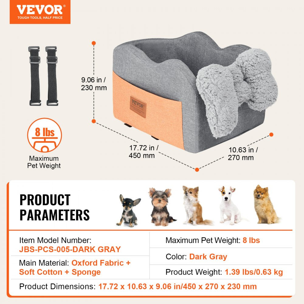 VEVOR Console Dog Car Seat, Center Console Dog Booster Seat for Small Dog, Pet Car Seat for Car Armrest with Clip-On Leash, Adjustable Straps, Supports up to 8lbs, Dark Gray