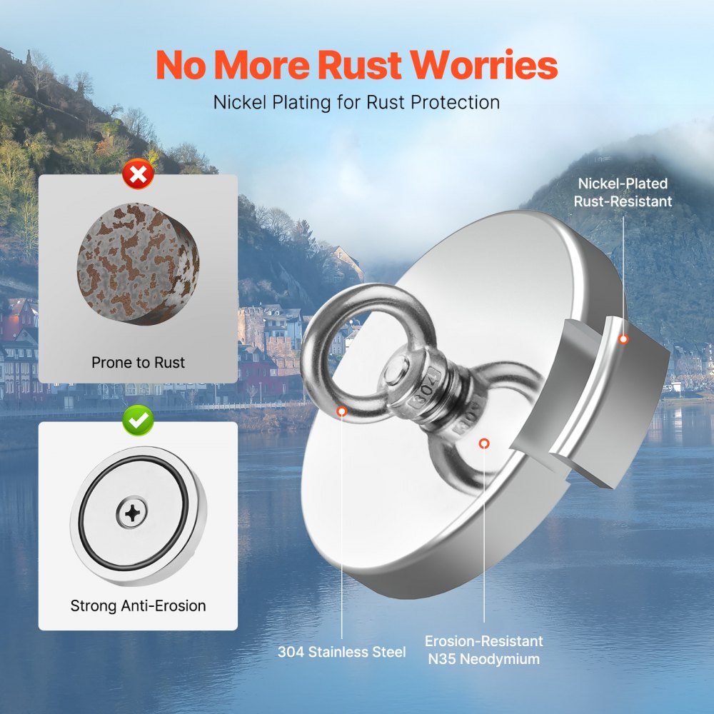 VEVOR Fishing Magnet, 1000 LBS/454 Kg Pulling Force Super Strong Neodymium Fishing Magnet, Rare Earth Magnet with Handle Diameter 2.72 in/69 mm for Retrieving in River, Magnetic Fishing, Heavy Hanging