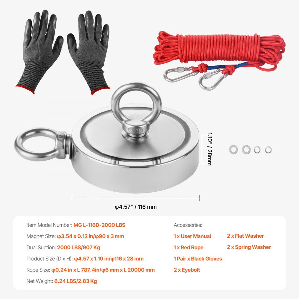 VEVOR Magnet Fishing Kit, 2000 LBS/907 Kg Double-Sided Pulling Force Strong Magnet Fishing Kit, Rare Earth Neodymium Magnetic Fishing Kit Includes Grappling Hook, Heavy Duty Rope, Gloves and Eyebolt