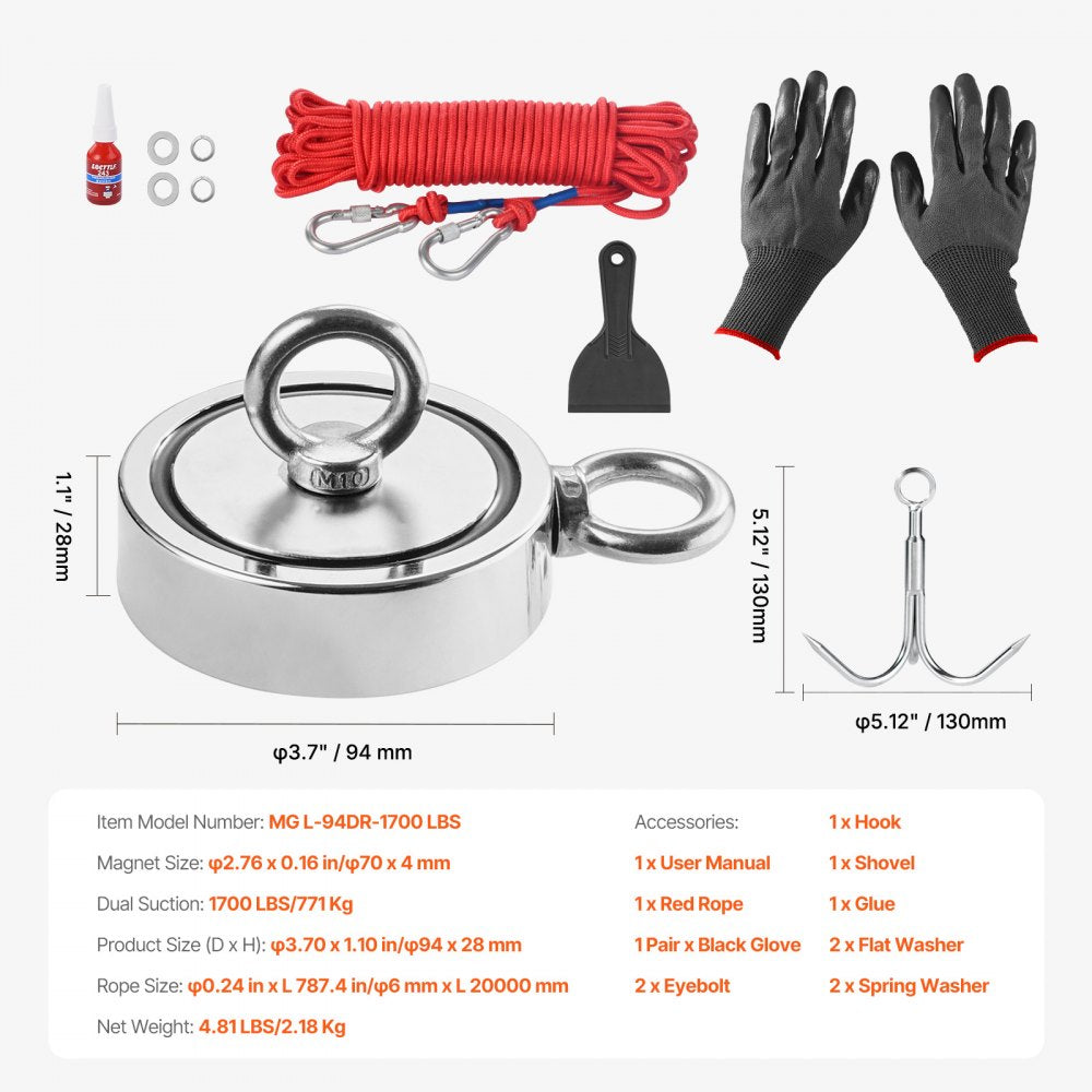 VEVOR Magnet Fishing Kit, 1700 LBS/771 Kg Double-Sided Pulling Force Strong Magnet Fishing Kit, Rare Earth Neodymium Magnetic Fishing Kit Includes Grappling Hook, Heavy Duty Rope, Gloves and Eyebolt