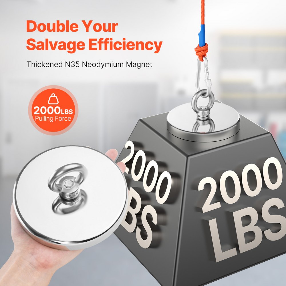 VEVOR Magnet Fishing Kit, 2000 LBS/907 Kg Single-Sided Pulling Force Magnet Fishing Kit, Rare Earth Neodymium Magnetic Fishing Kit Includes Grappling Hook, Heavy Duty Rope, Gloves, Eyebolt, Carry Case