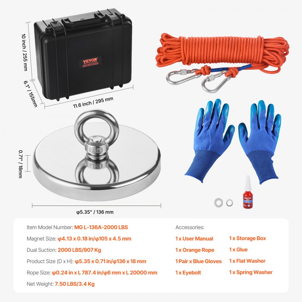 VEVOR Magnet Fishing Kit, 2000 LBS/907 Kg Single-Sided Pulling Force Magnet Fishing Kit, Rare Earth Neodymium Magnetic Fishing Kit Includes Grappling Hook, Heavy Duty Rope, Gloves, Eyebolt, Carry Case