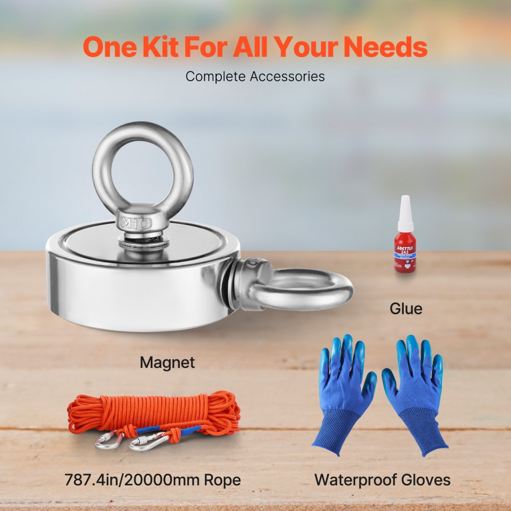 VEVOR Magnet Fishing Kit, 1000 LBS/454 Kg Double-Sided Pulling Force Strong Magnet Fishing Kit, Rare Earth Neodymium Magnetic Fishing Kit Includes Grappling Hook, Heavy Duty Rope, Gloves and Eyebolt