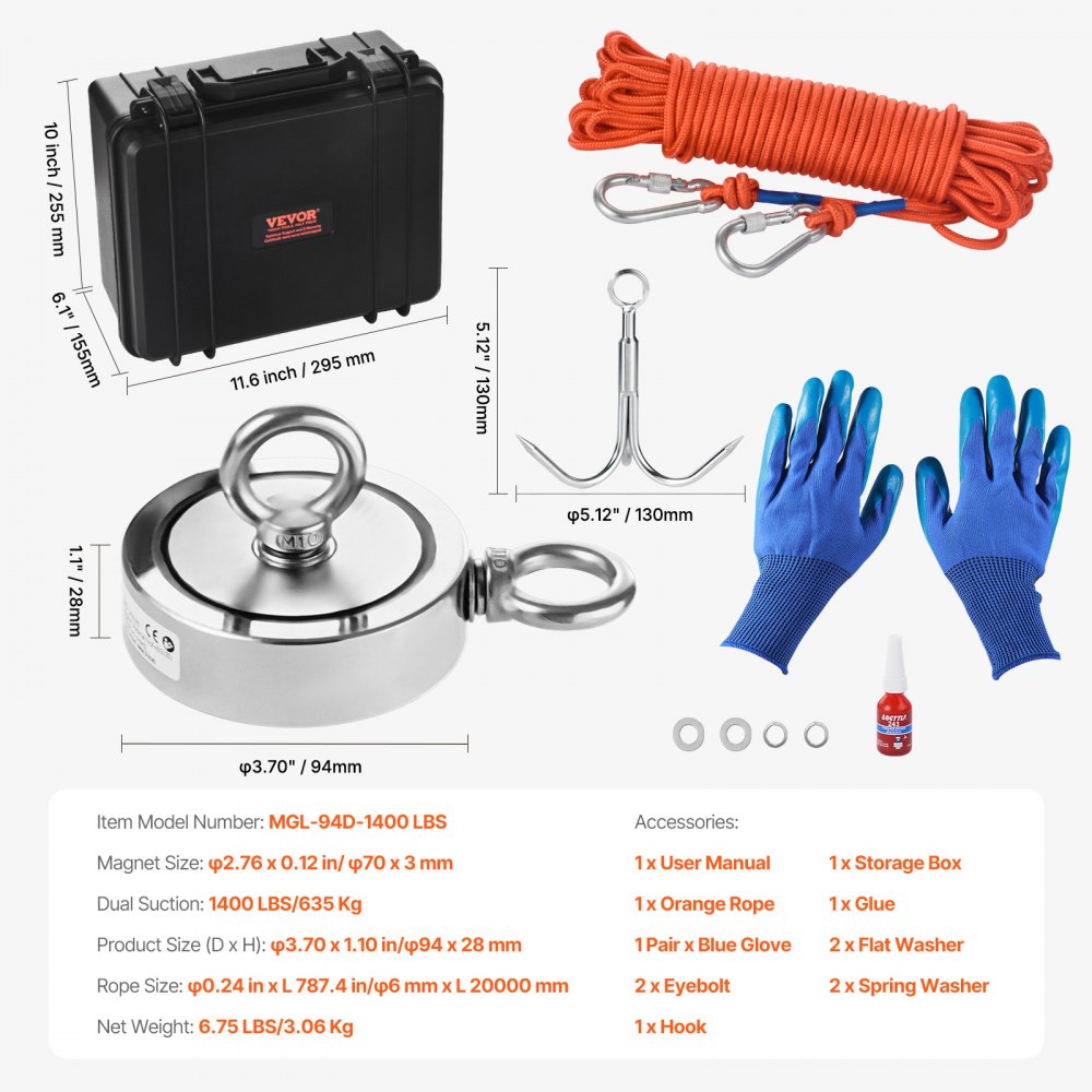 VEVOR Magnet Fishing Kit, 1400 LBS/635 Kg Double-Sided Pulling Force Magnet Fishing Kit, Rare Earth Neodymium Magnetic Fishing Kit Includes Grappling Hook, Heavy Duty Rope, Gloves, Eyebolt, Carry Case