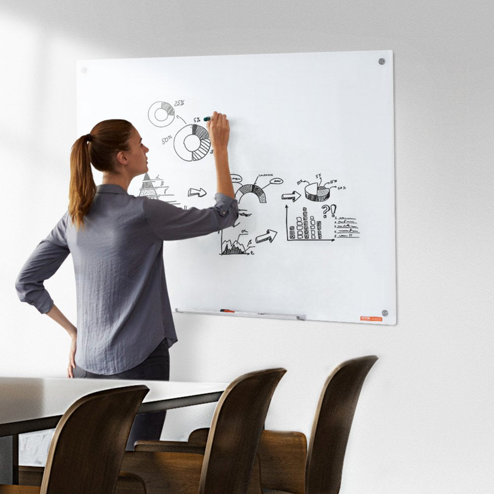 VEVOR Magnetic Glass Whiteboard, Dry Erase Board 48"x32", Wall-Mounted Large White Glassboard Frameless, with Marker Tray, an Eraser and 2 Markers, White
