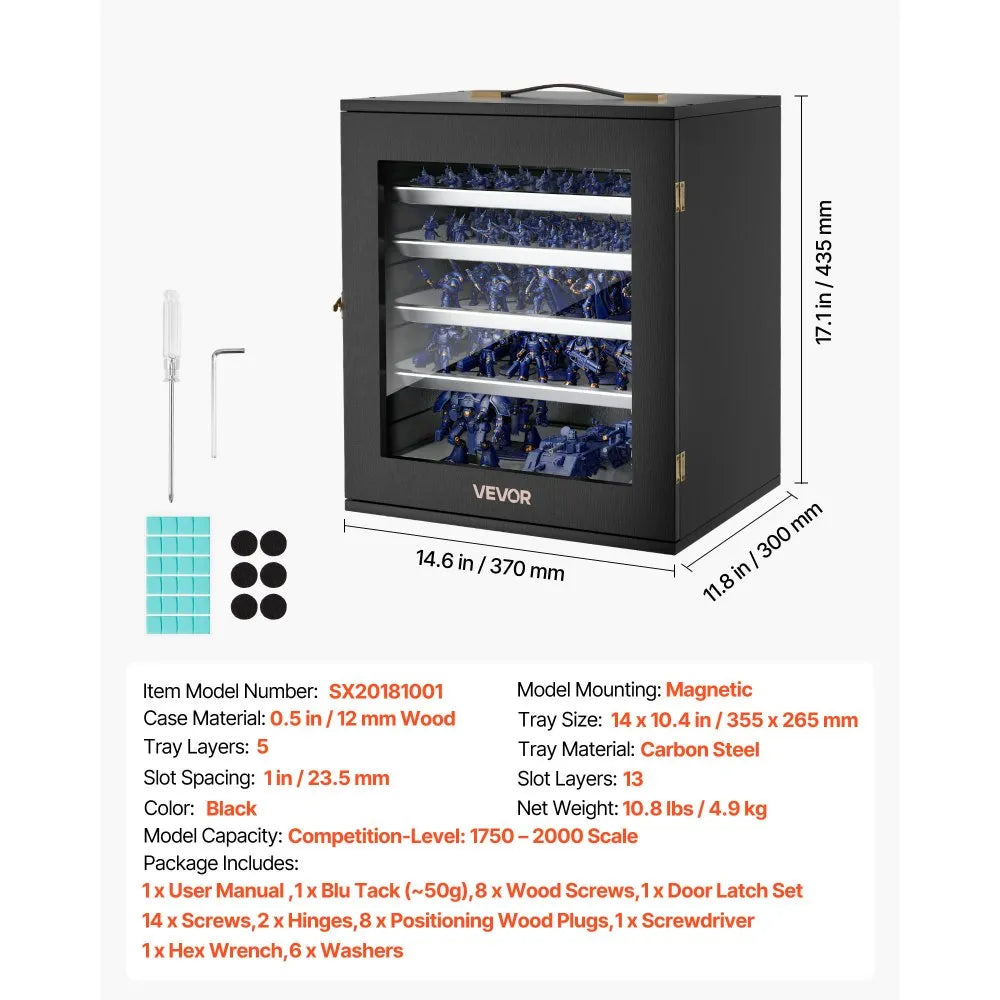 VEVOR Miniatures Storage Case, Warhammer Fits for 1750-2000 Scale Models, Wooden Miniatures Display Holder with 5 Tray & 13 Slots, Miniature Transport Case for Collectibles (Minis Not Included)