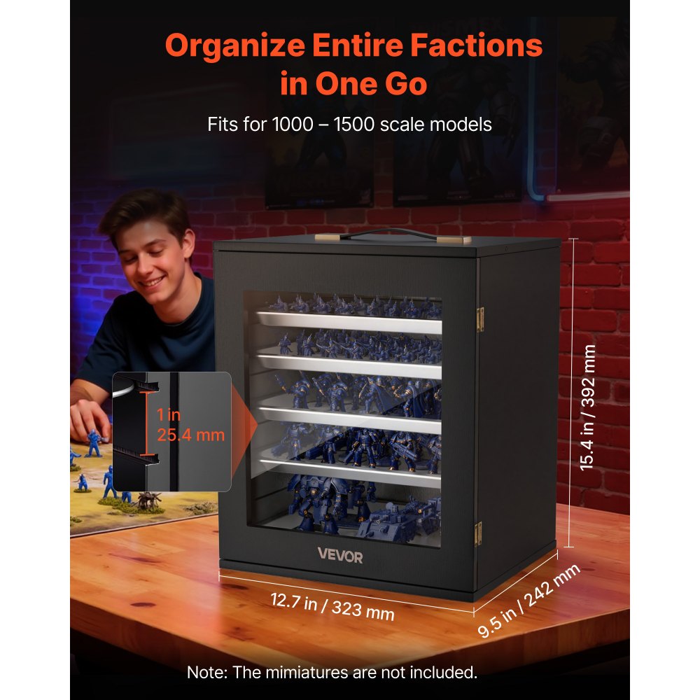 VEVOR Miniatures Storage Case, Warhammer Carrying Case Fits for 1000-1500 Scale Models, DND Gifts Wooden Miniatures Display Holder with 5 Tray & 11 Slots, Case for Collectible (Minis Not Included)