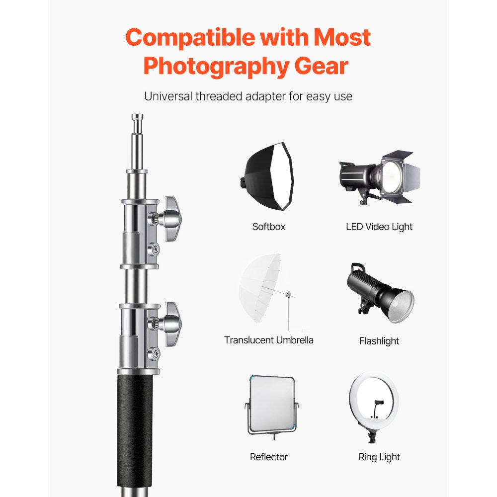 VEVOR C Stand, Max Height 10.83 ft/330 cm, Stainless Steel Heavy Duty Photography Light Stand with 4.8-9.8 ft Adjustable Height, 44 lbs/20 kg Load Capacity for Studio Softbox, Monolight, Reflector