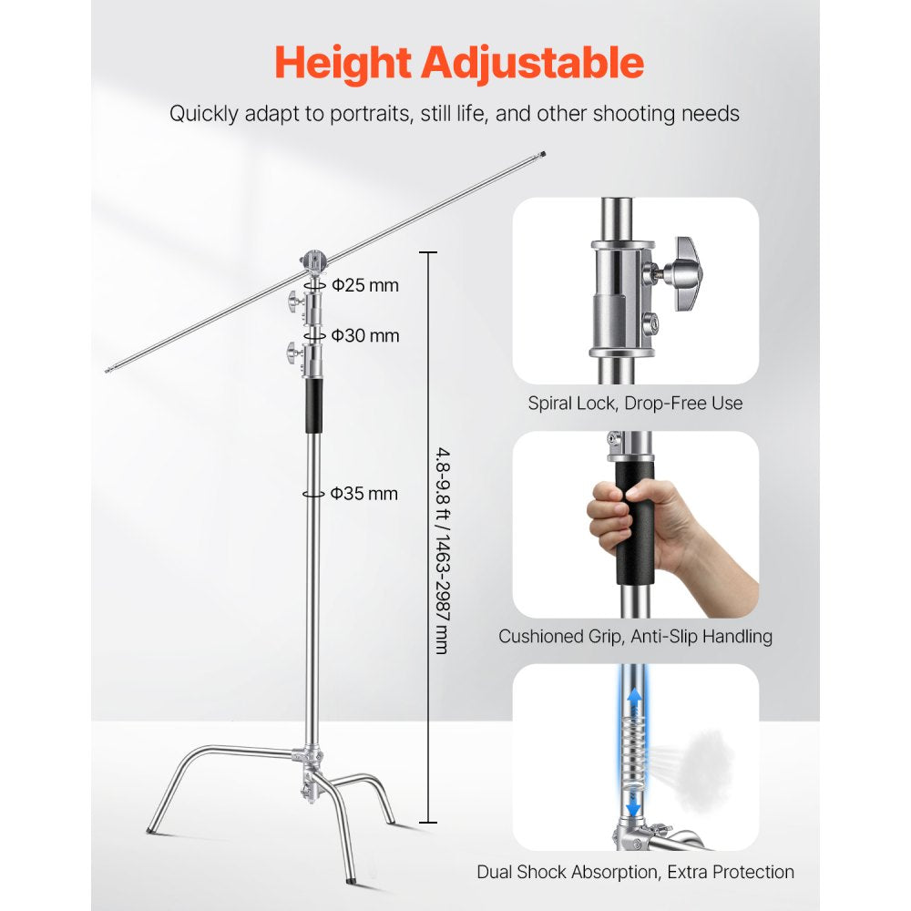VEVOR C Stand, Max Height 10.83 ft/330 cm, Stainless Steel Heavy Duty Photography Light Stand with 4.8-9.8 ft Adjustable Height, 44 lbs/20 kg Load Capacity for Studio Softbox, Monolight, Reflector