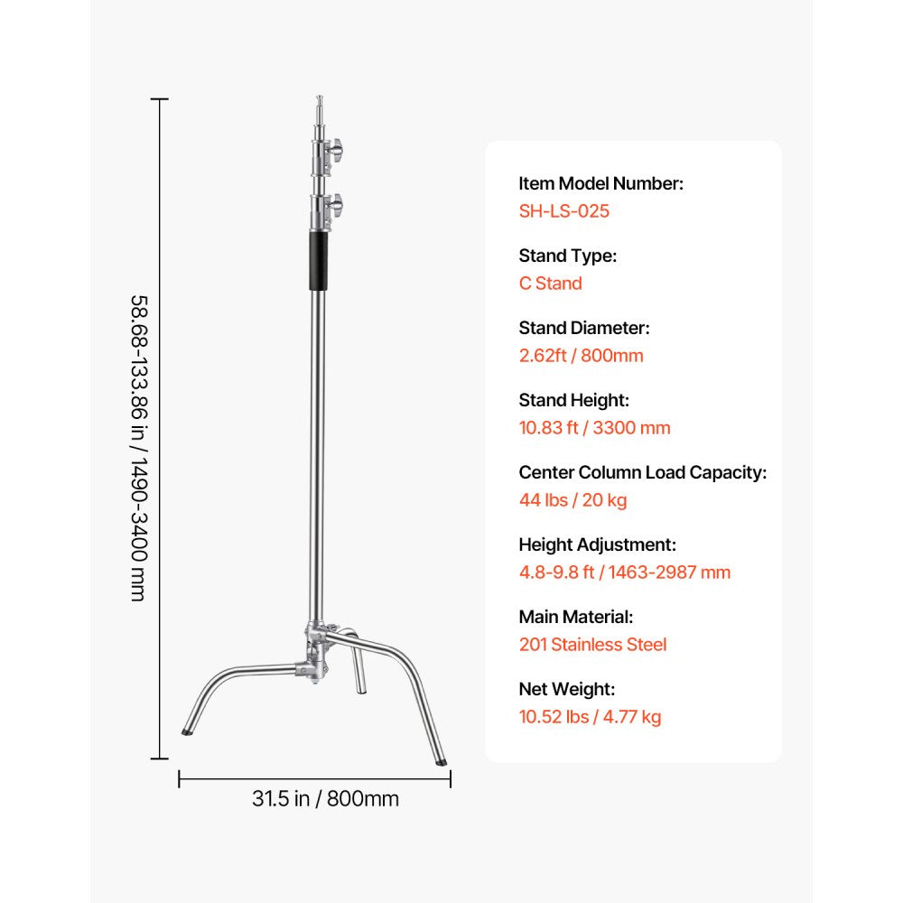 VEVOR C Stand, Max Height 10.83 ft/330 cm, Stainless Steel Heavy Duty Photography Light Stand with 4.8-9.8 ft Adjustable Height, 44 lbs/20 kg Load Capacity for Studio Softbox, Monolight, Reflector