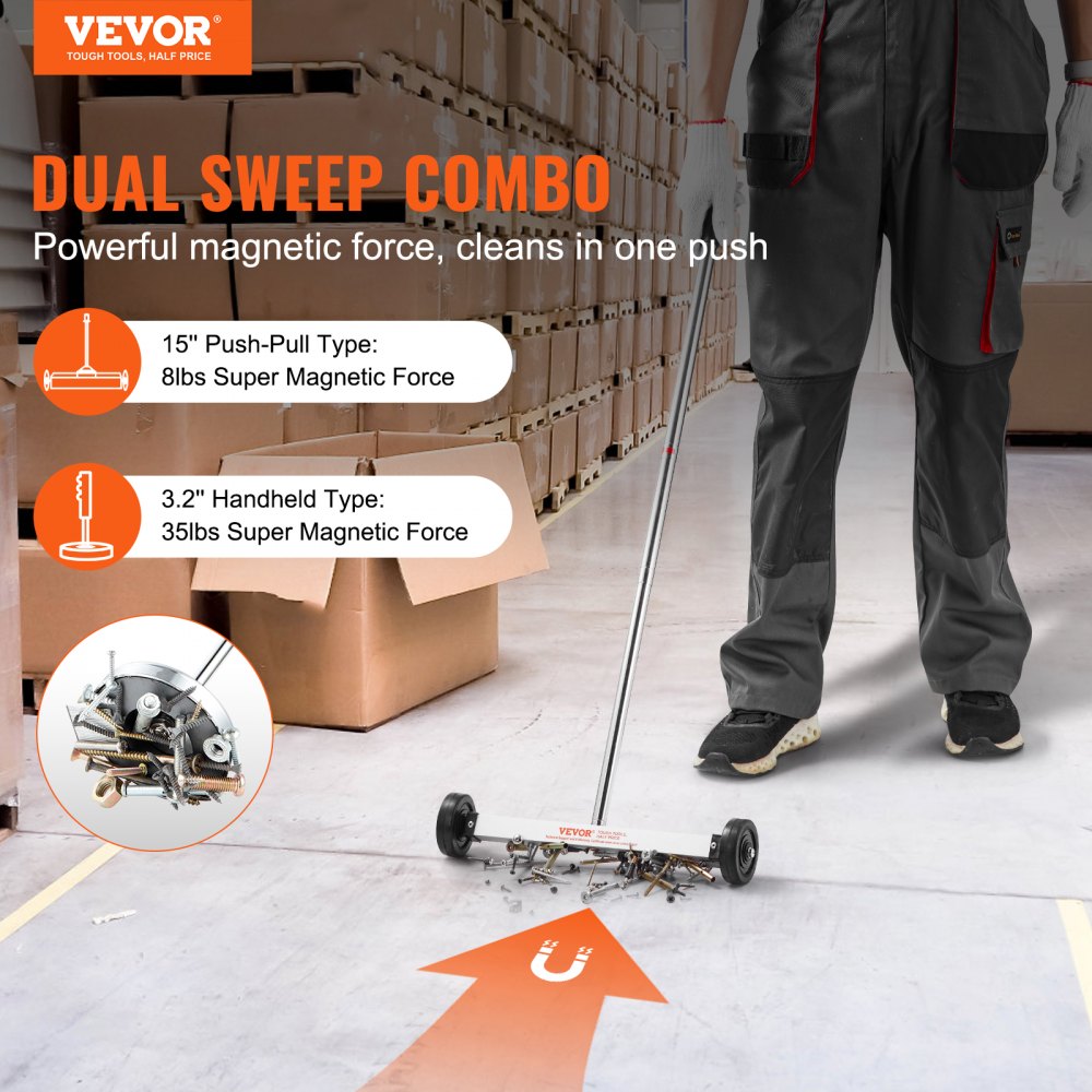 VEVOR 15-Inch Magnetic Sweeper with Wheels, 8 lbs Capacity, with Telescoping Magnetic Pickup Tool, Adjustable Handle, Magnetic Pickup Sweeper to Pick Up Nails and Screws, for Workshop, Garage, Yard