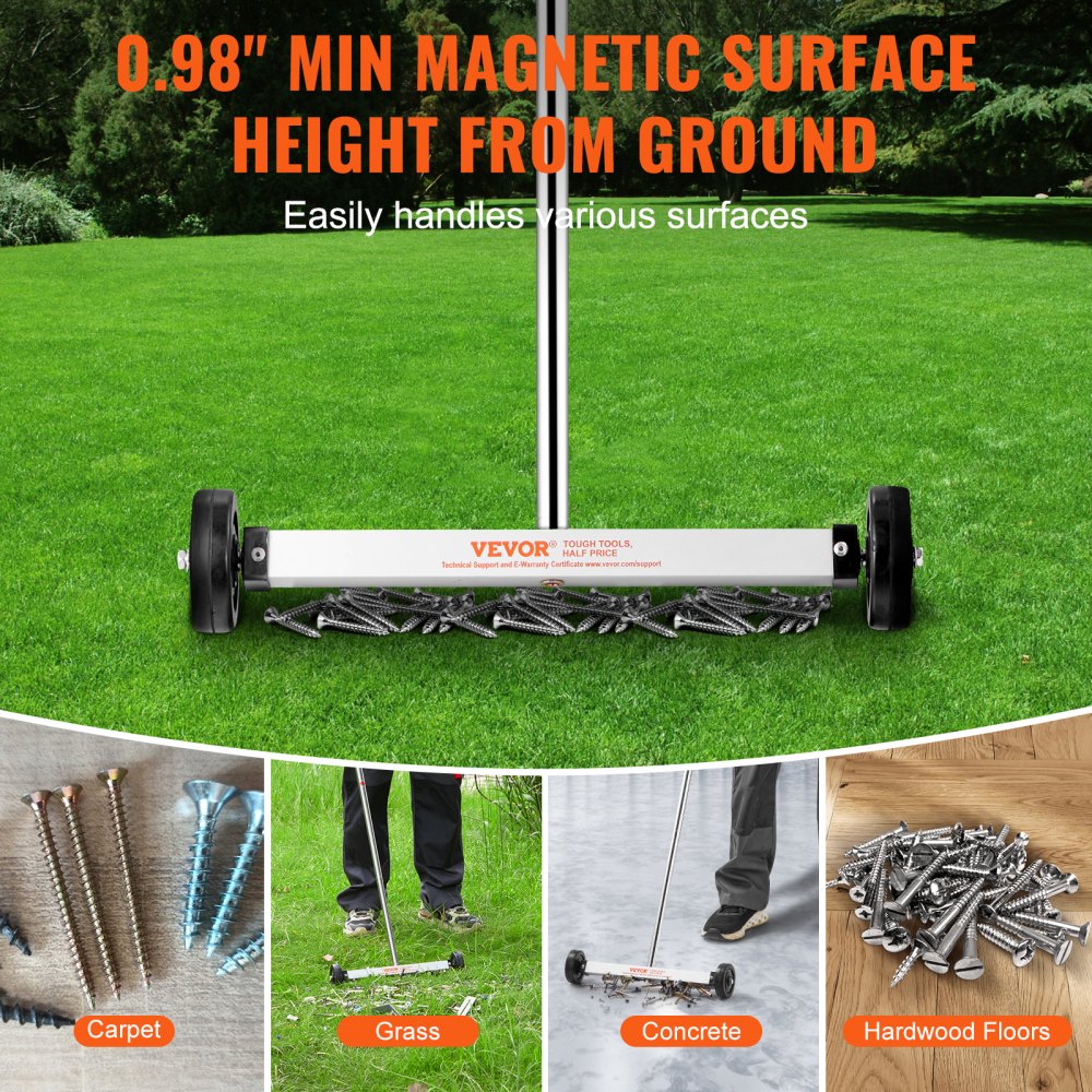 VEVOR 15-Inch Magnetic Sweeper with Wheels, 8 lbs Capacity, with Telescoping Magnetic Pickup Tool, Adjustable Handle, Magnetic Pickup Sweeper to Pick Up Nails and Screws, for Workshop, Garage, Yard