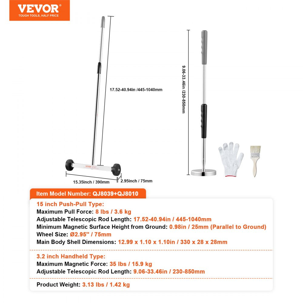 VEVOR 15-Inch Magnetic Sweeper with Wheels, 8 lbs Capacity, with Telescoping Magnetic Pickup Tool, Adjustable Handle, Magnetic Pickup Sweeper to Pick Up Nails and Screws, for Workshop, Garage, Yard