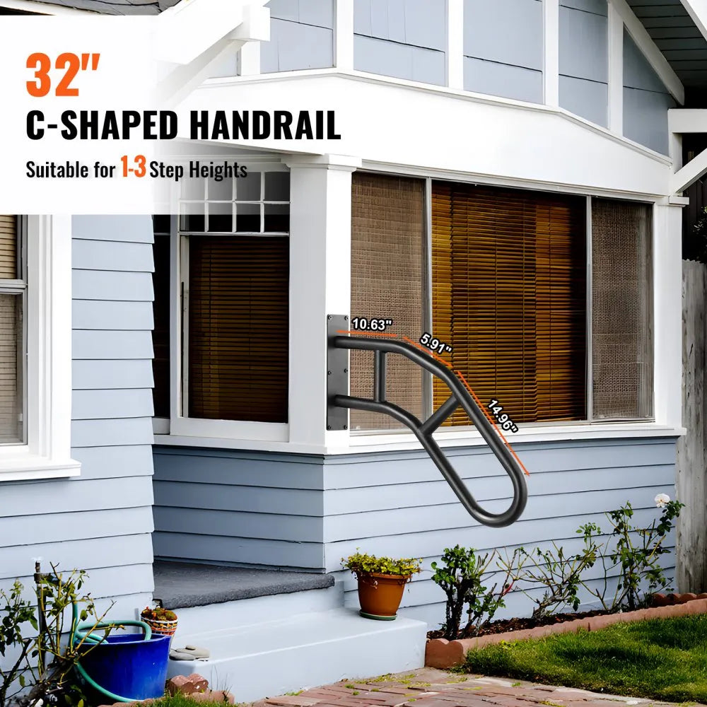 VEVOR Handrails for Outdoor Steps, 32" Length Wall Mount Safety Railings for 1-3 Steps, U-Shaped Handrail with Matte Black Finished, Stair Handrails for Kids, Elderly, Pregnant Women, Disabled