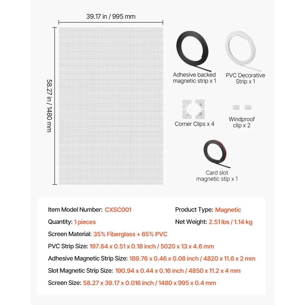 VEVOR Magnetic Window Screen,  58.27 x 39.17 inch PVC and Fiberglass Mesh, White Frames with Black Magnetic Strip and Wind Clips, No Drilling Easy Installation, Magnetic Screen for House Window
