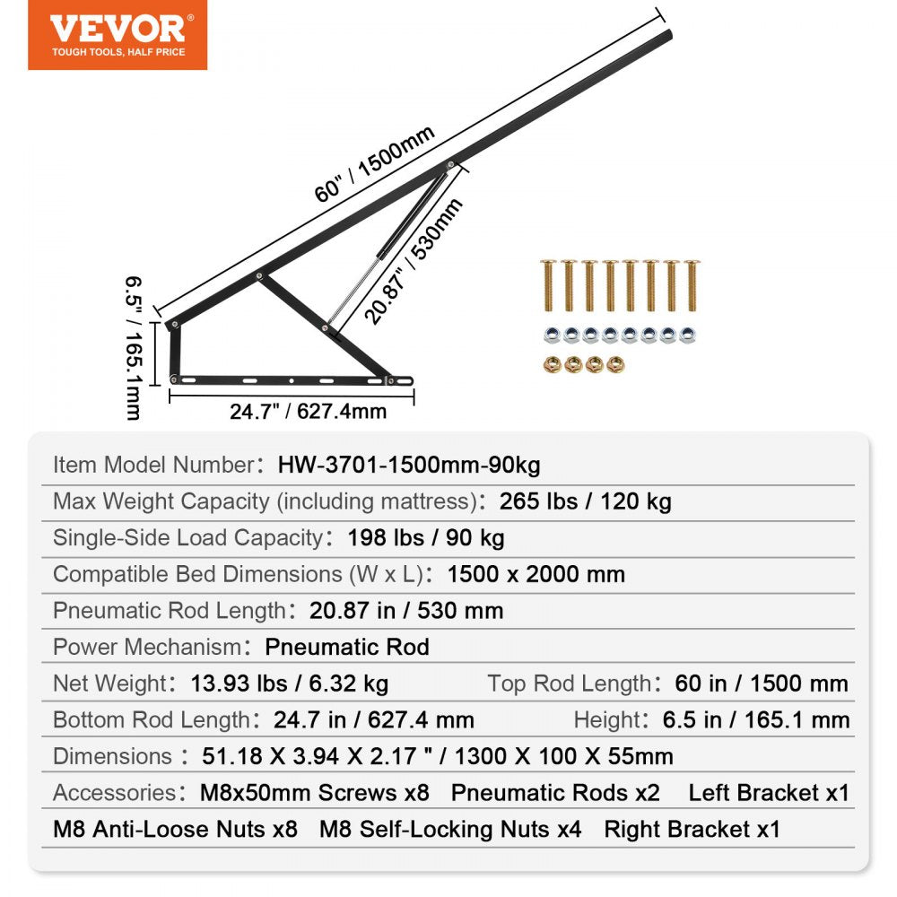 VEVOR Bed Lift, 59x79 in Compatible Bed Size 265 lbs Load Bearing, DIY Wall Bed Mechanical Hardware Kit Vertical Deluxe, Pneumatic Lever Heavy Duty Bed Support, Folding Wall Bed for Guestroom