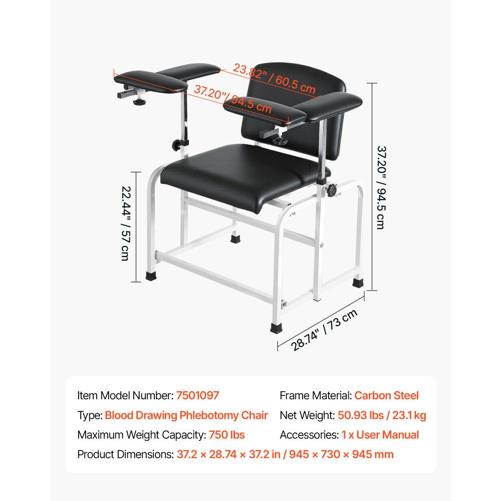 VEVOR Phlebotomy Chair 750LBS Capacity Blood Draw Medical Chair, Comfortable Blood Drawing Chairs with Adjustable Armrests, Soft Padded Seat, Easy-to-Clean PVC Leather for Hospitals Clinics