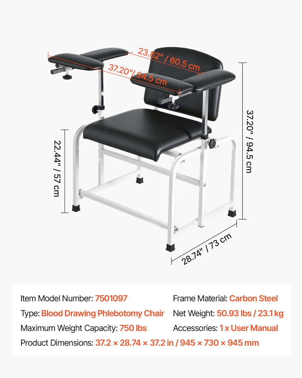 VEVOR Phlebotomy Chair 750LBS Capacity Blood Draw Medical Chair, Comfortable Blood Drawing Chairs with Adjustable Armrests, Soft Padded Seat, Easy-to-Clean PVC Leather for Hospitals Clinics