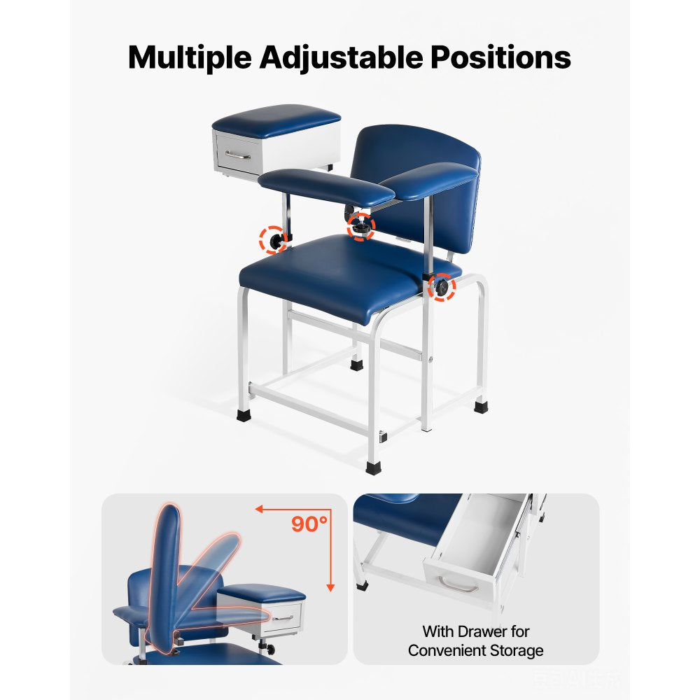 VEVOR Phlebotomy Chair 500LBS Blood Draw Medical Chair with Drawer, Comfortable Blood Drawing Chairs with Adjustable Armrests, Soft Padded Seat, Easy-to-Clean PVC Leather for Hospitals Clinics