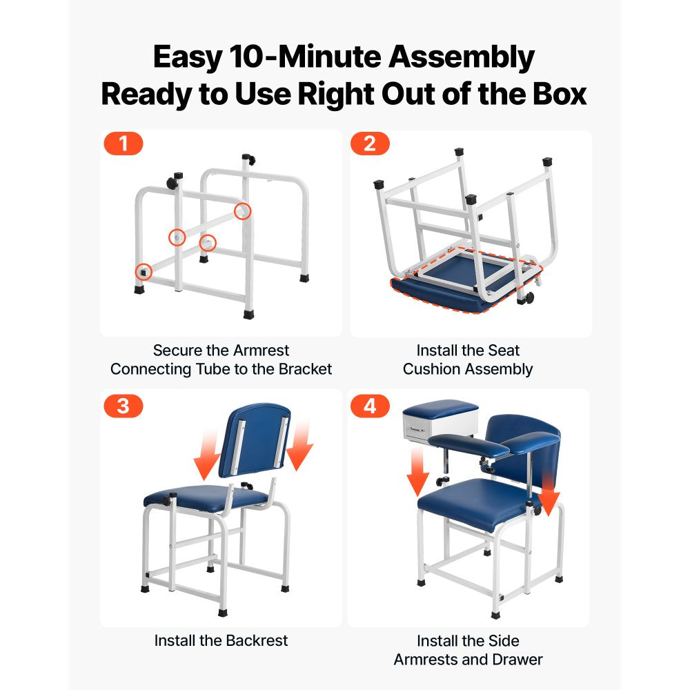 VEVOR Phlebotomy Chair 500LBS Blood Draw Medical Chair with Drawer, Comfortable Blood Drawing Chairs with Adjustable Armrests, Soft Padded Seat, Easy-to-Clean PVC Leather for Hospitals Clinics