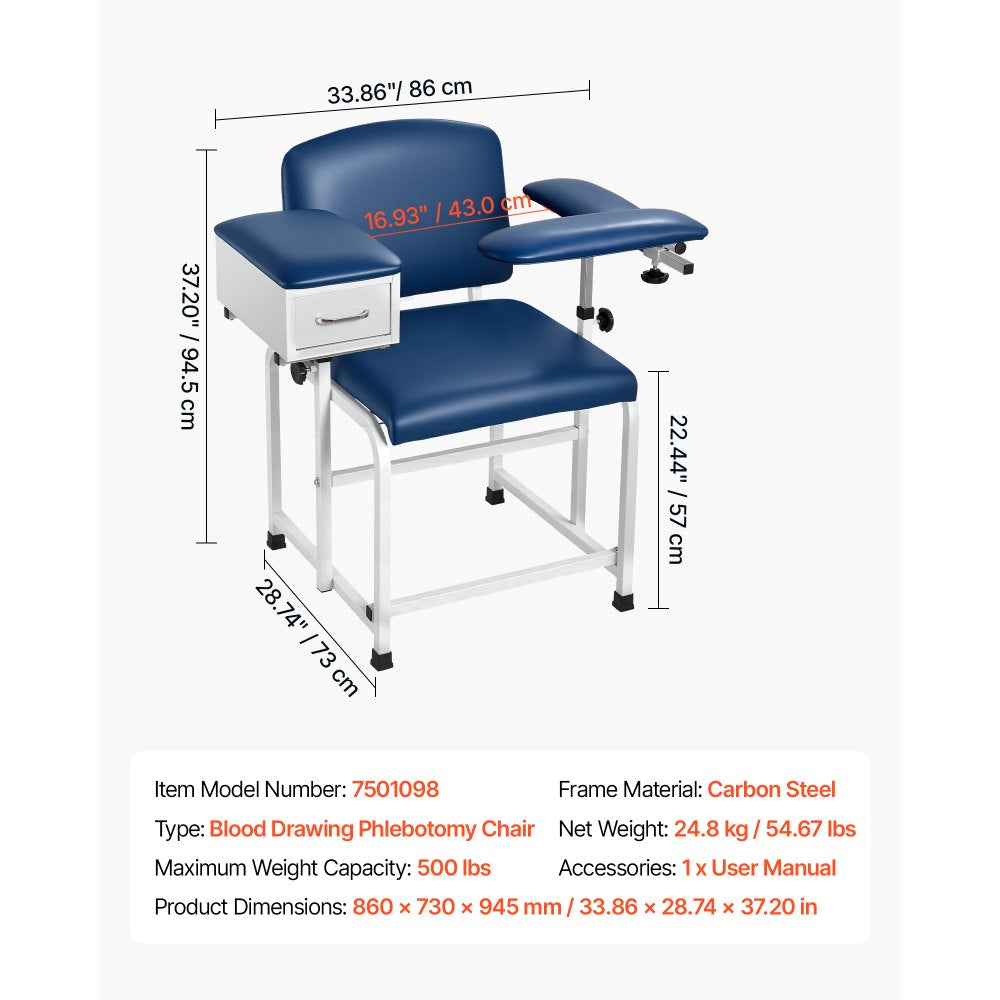 VEVOR Phlebotomy Chair 500LBS Blood Draw Medical Chair with Drawer, Comfortable Blood Drawing Chairs with Adjustable Armrests, Soft Padded Seat, Easy-to-Clean PVC Leather for Hospitals Clinics