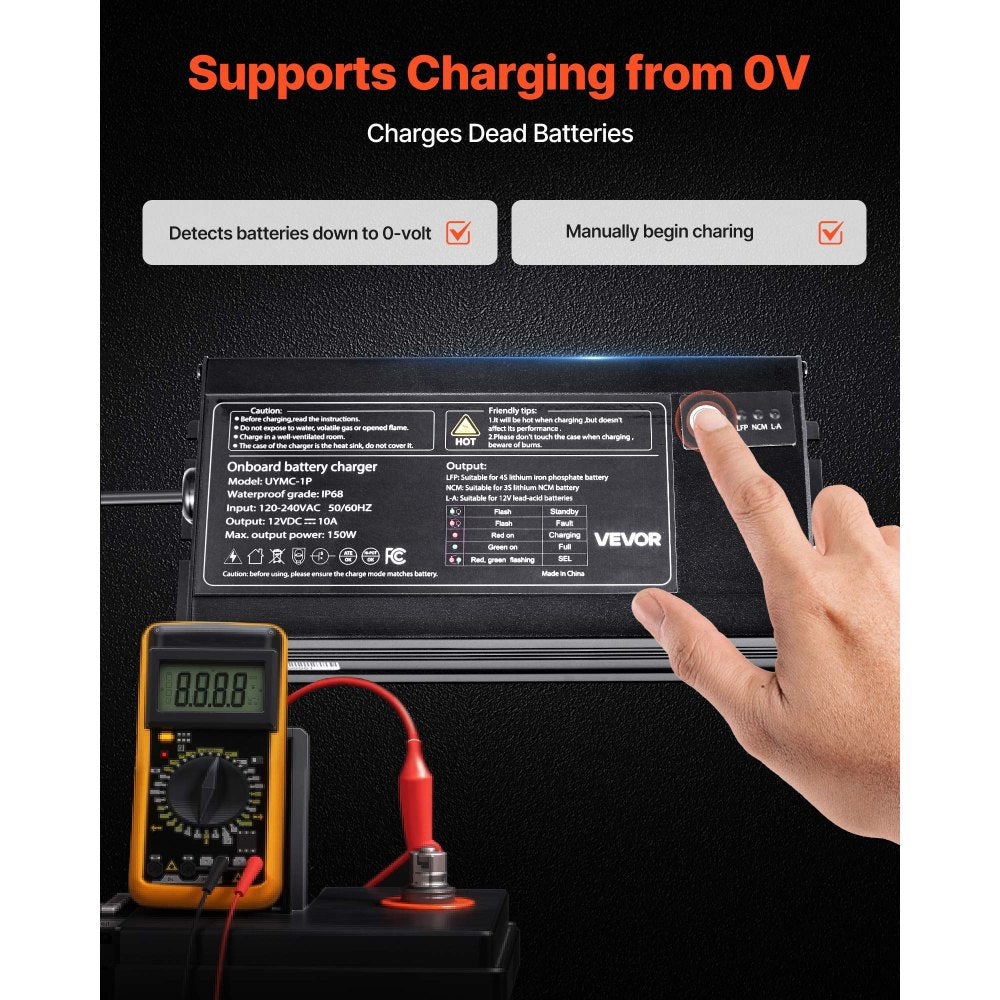 VEVOR Marine Battery Charger, 1-Bank, 10A 12V Onboard Boat Charger, IP68 Waterproof Smart On-Board Battery Charger, for Lithium-Ion (LiFePO4), NCM, Lead-Acid Batteries, Large Boat, Yacht, RV, Trailer