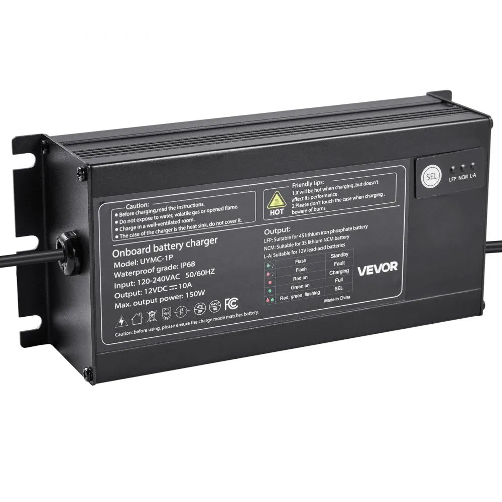 VEVOR Marine Battery Charger, 1-Bank, 10A 12V Onboard Boat Charger, IP68 Waterproof Smart On-Board Battery Charger, for Lithium-Ion (LiFePO4), NCM, Lead-Acid Batteries, Large Boat, Yacht, RV, Trailer