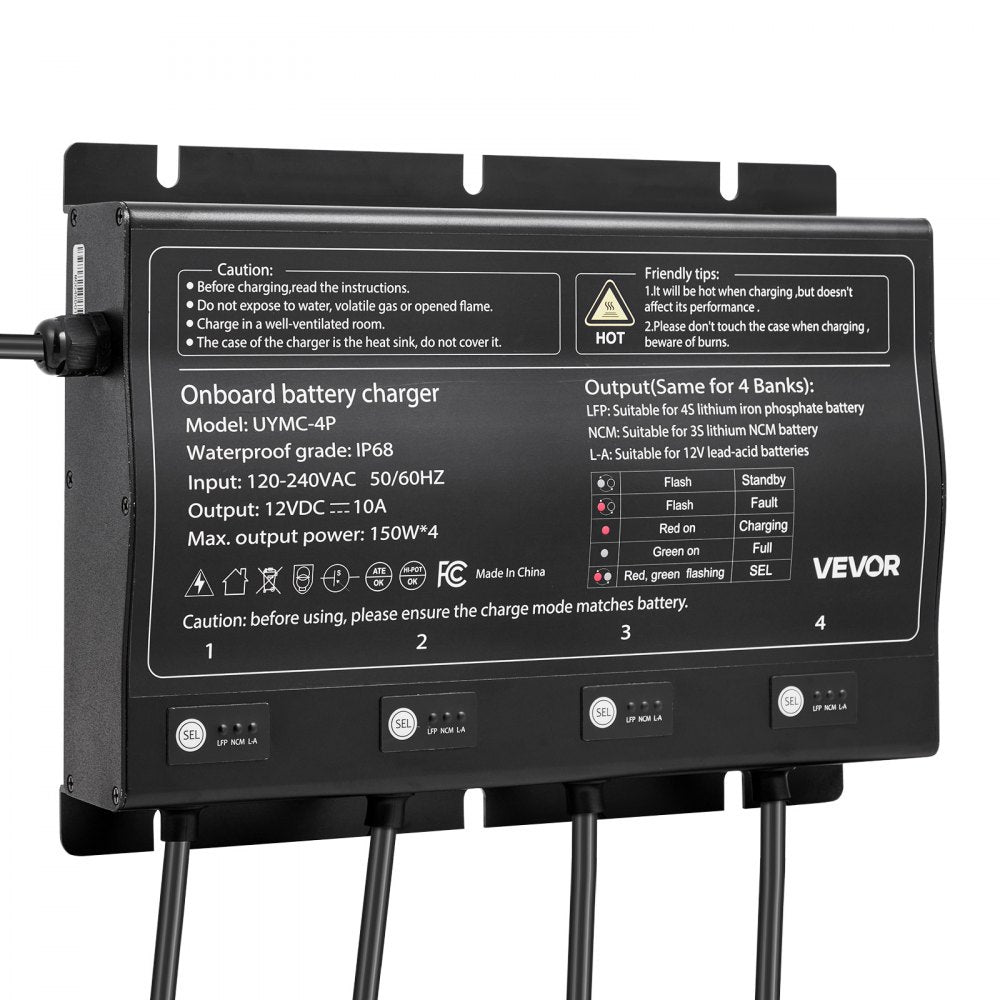 VEVOR Marine Battery Charger, 4-Bank, 10A 12V Onboard Boat Charger, IP68 Waterproof Smart On-Board Battery Charger, for Lithium-Ion (LiFePO4), NCM, Lead-Acid Batteries, Large Boat, Yacht, RV, Trailer