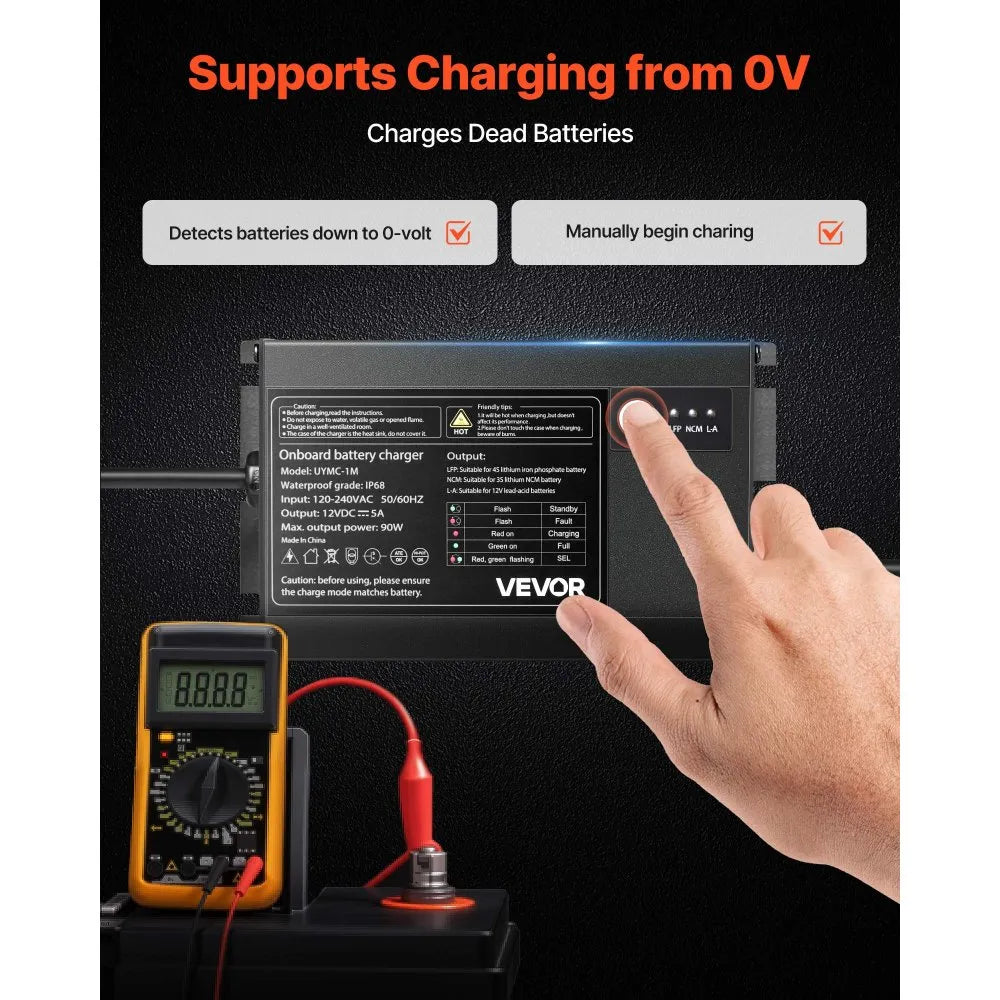 VEVOR Marine Battery Charger, 1-Bank, 5A 12V Onboard Boat Charger, IP68 Waterproof Smart On-Board Battery Charger, for Lithium-Ion (LiFePO4), NCM, Lead-Acid Batteries, Large Boat, Yacht, RV, Trailer