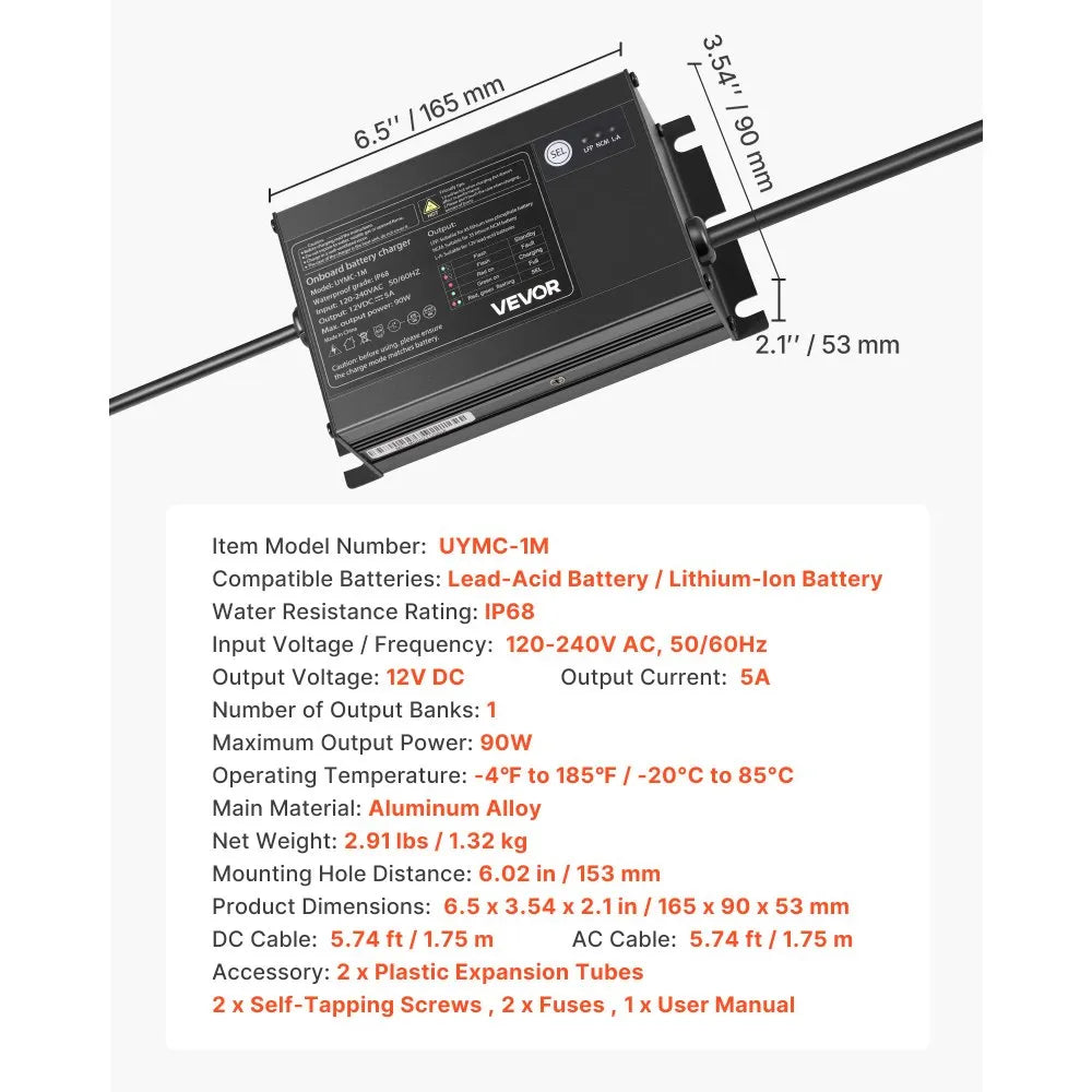VEVOR Marine Battery Charger, 1-Bank, 5A 12V Onboard Boat Charger, IP68 Waterproof Smart On-Board Battery Charger, for Lithium-Ion (LiFePO4), NCM, Lead-Acid Batteries, Large Boat, Yacht, RV, Trailer