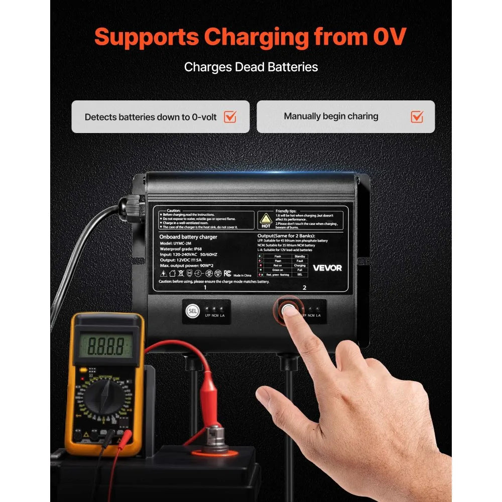VEVOR Marine Battery Charger, 2-Bank, 5A 12V Onboard Boat Charger, IP68 Waterproof Smart On-Board Battery Charger, for Lithium-Ion (LiFePO4), NCM, Lead-Acid Batteries, Large Boat, Yacht, RV, Trailer