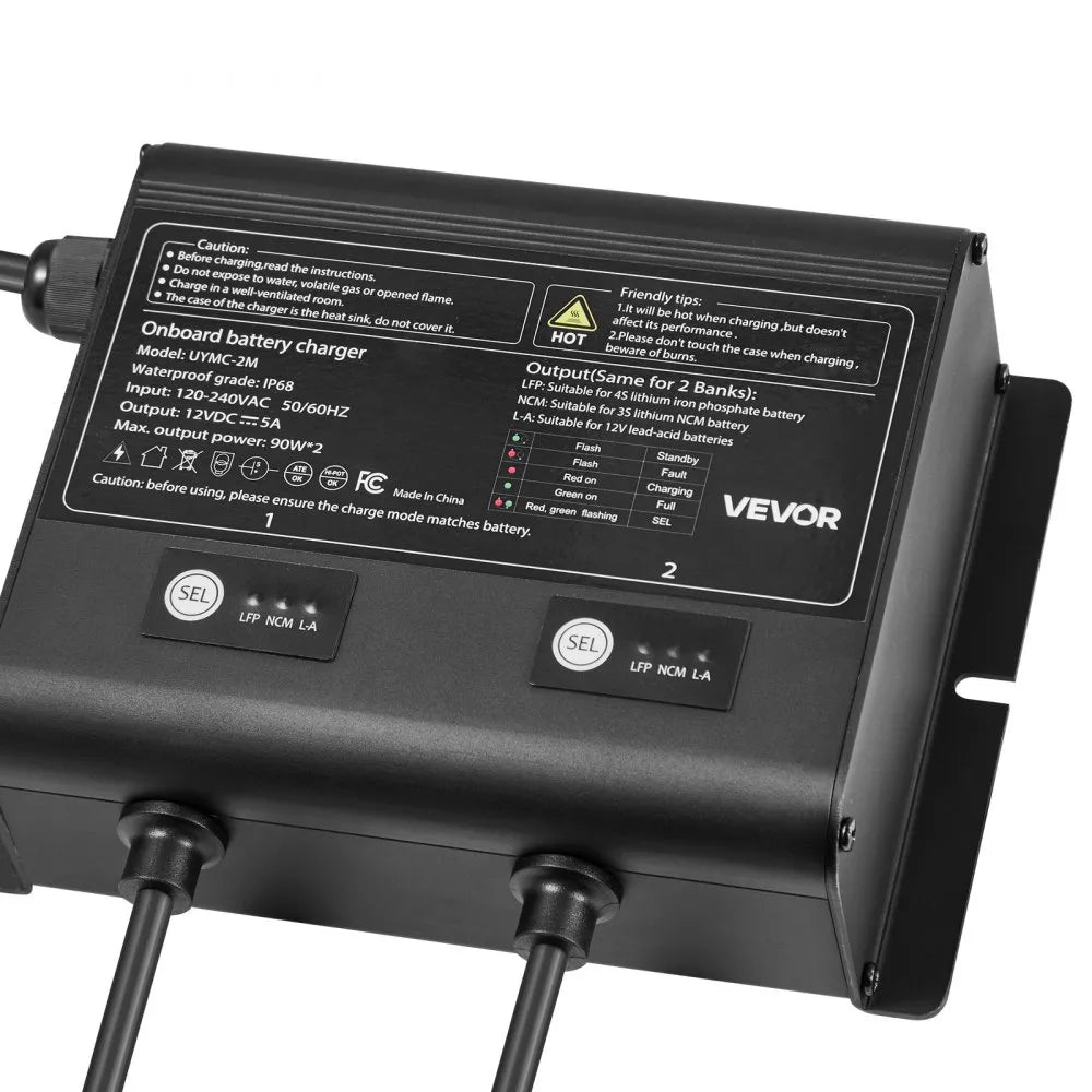 VEVOR Marine Battery Charger, 2-Bank, 5A 12V Onboard Boat Charger, IP68 Waterproof Smart On-Board Battery Charger, for Lithium-Ion (LiFePO4), NCM, Lead-Acid Batteries, Large Boat, Yacht, RV, Trailer