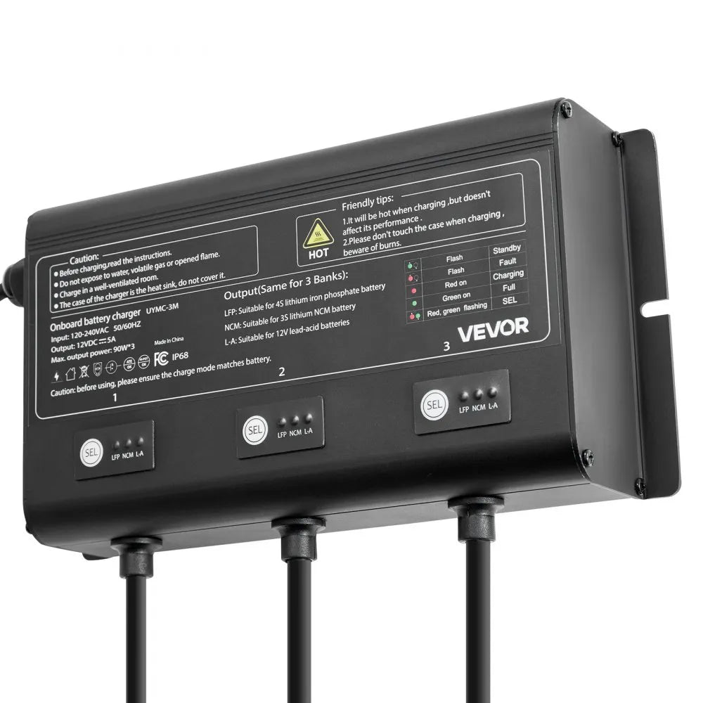 VEVOR Marine Battery Charger, 3-Bank, 5A 12V Onboard Boat Charger, IP68 Waterproof Smart On-Board Battery Charger, for Lithium-Ion (LiFePO4), NCM, Lead-Acid Batteries, Large Boat, Yacht, RV, Trailer