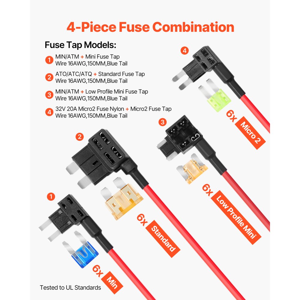 VEVOR Fuse Tap, 24 Packs, 4 Types 12V Car Add-a-Circuit Fuse Tap Adapter, Standard Mini Micro2 and Low Profile Mini Blade Fuses Holder, ATO ATC ATM Fuses Adapter Jumper for Cars Trucks Boats