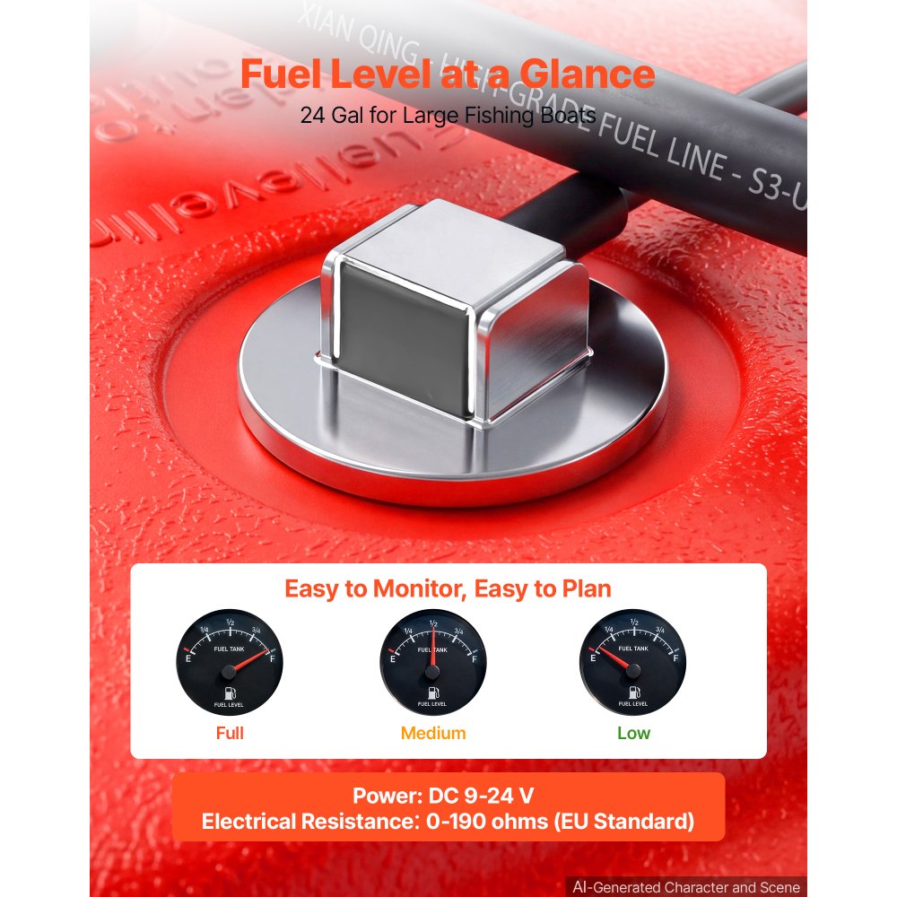 VEVOR Marine Fuel Tank 24 Gallon Boat Gas Tank Electronic Fuel Level Sensor, Portable Outboard Gas Can for Outboard Engine Boats, Yacht, Fishing Boat, Deck Boat, Gas Container, 4 mm Thick HDPE, Red