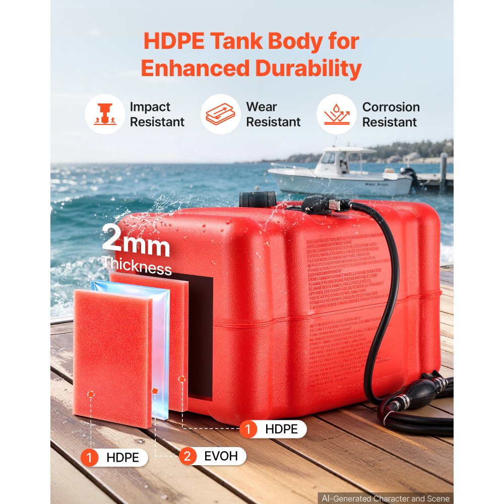 VEVOR Marine Fuel Tank, 12 Gallon Boat Gas Tank Portable Outboard Gas Can, for Outboard Engine Boats, Yacht, Fishing Boat, Deck Boat, Gas Container, Fuel Gauge, Hose & Primer Bulb, Premium HDPE, Red
