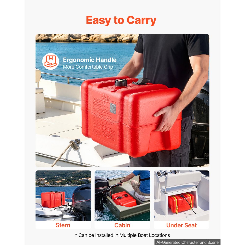 VEVOR Marine Fuel Tank, 12 Gallon Boat Gas Tank Portable Outboard Gas Can, for Outboard Engine Boats, Yacht, Fishing Boat, Deck Boat, Gas Container, Fuel Gauge, Hose & Primer Bulb, Premium HDPE, Red