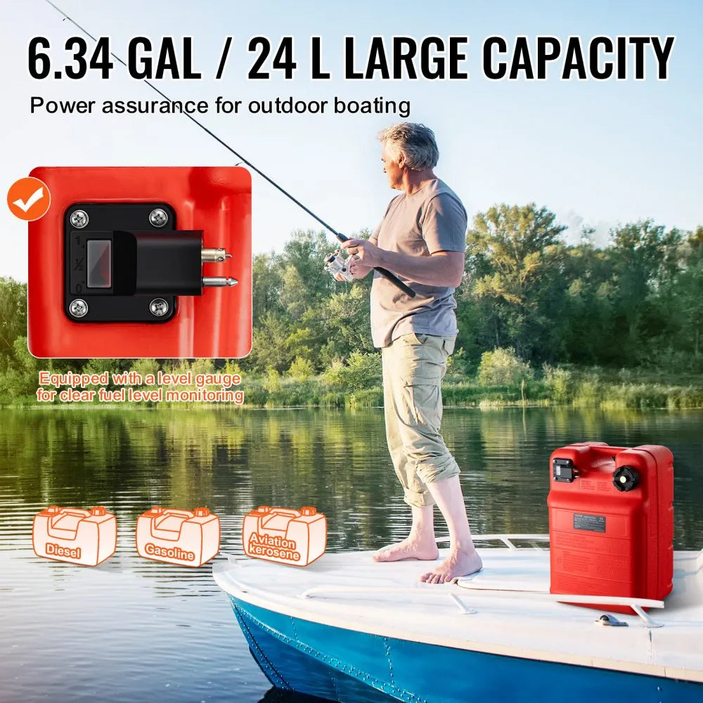 VEVOR Marine Tank, 6.34-Gallon/24-L Marine Portable Tank Outboard Marine Boat Transfer Tank with 9.8ft Hose, Gauge for Outboard Engine Boats, Yacht, Fishing Boat, Deck Boat, Red