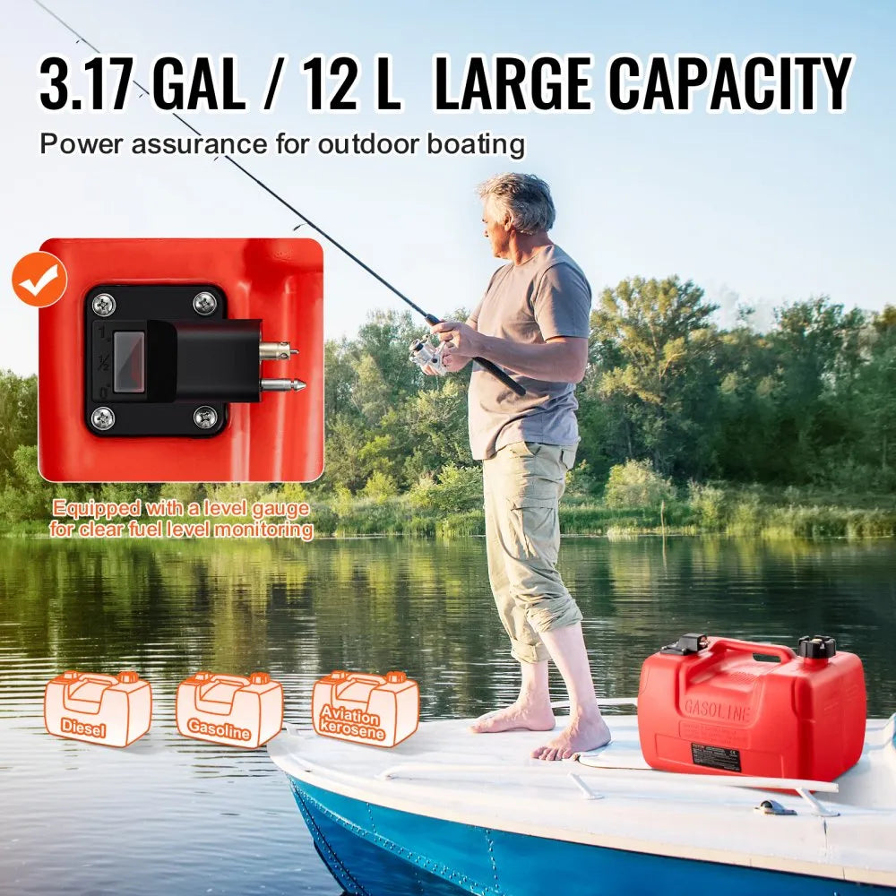VEVOR Boat Fuel Tank, 3.17-Gallon/12-L Marine Outboard Transfer Tank, Transfer Tank with 9.8ft Hose, Gauge for Outboard Engine, Yacht, Fishing Boat, Deck, Red