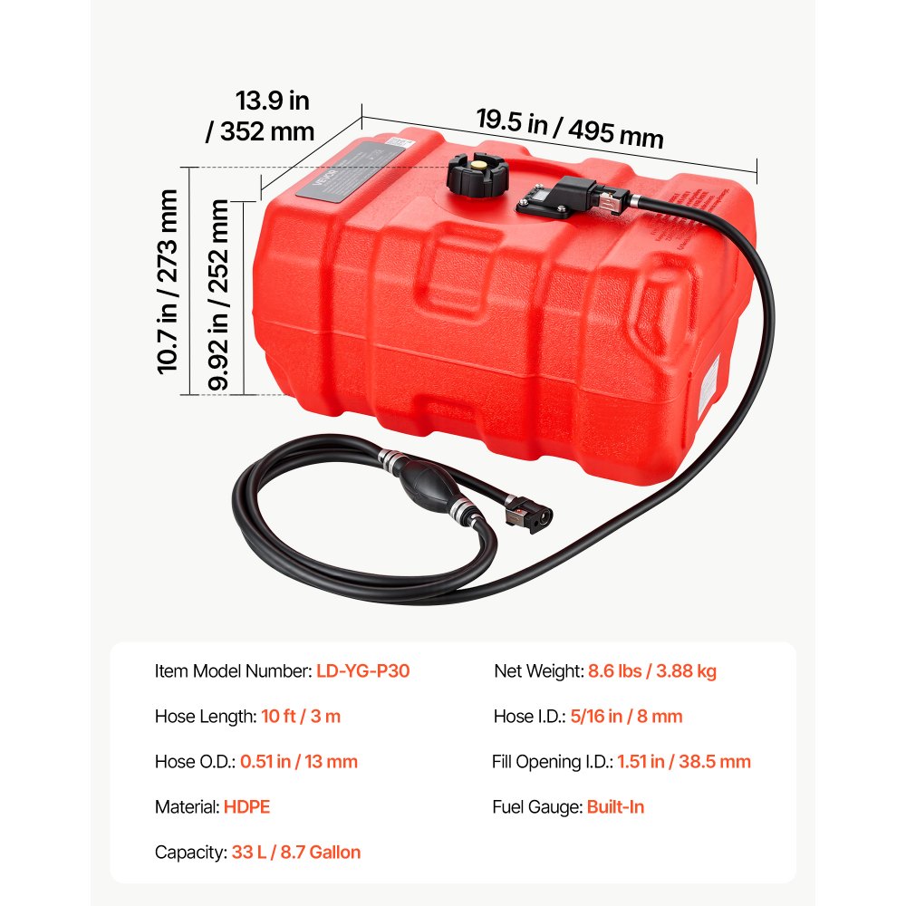 VEVOR Marine Fuel Tank, 8.7 Gallon Boat Gas Tank Portable Outboard Gas Can, for Outboard Engine Boats, Yacht, Fishing Boat, Deck Boat, Gas Container, Fuel Gauge, Hose & Primer Bulb, Premium HDPE, Red