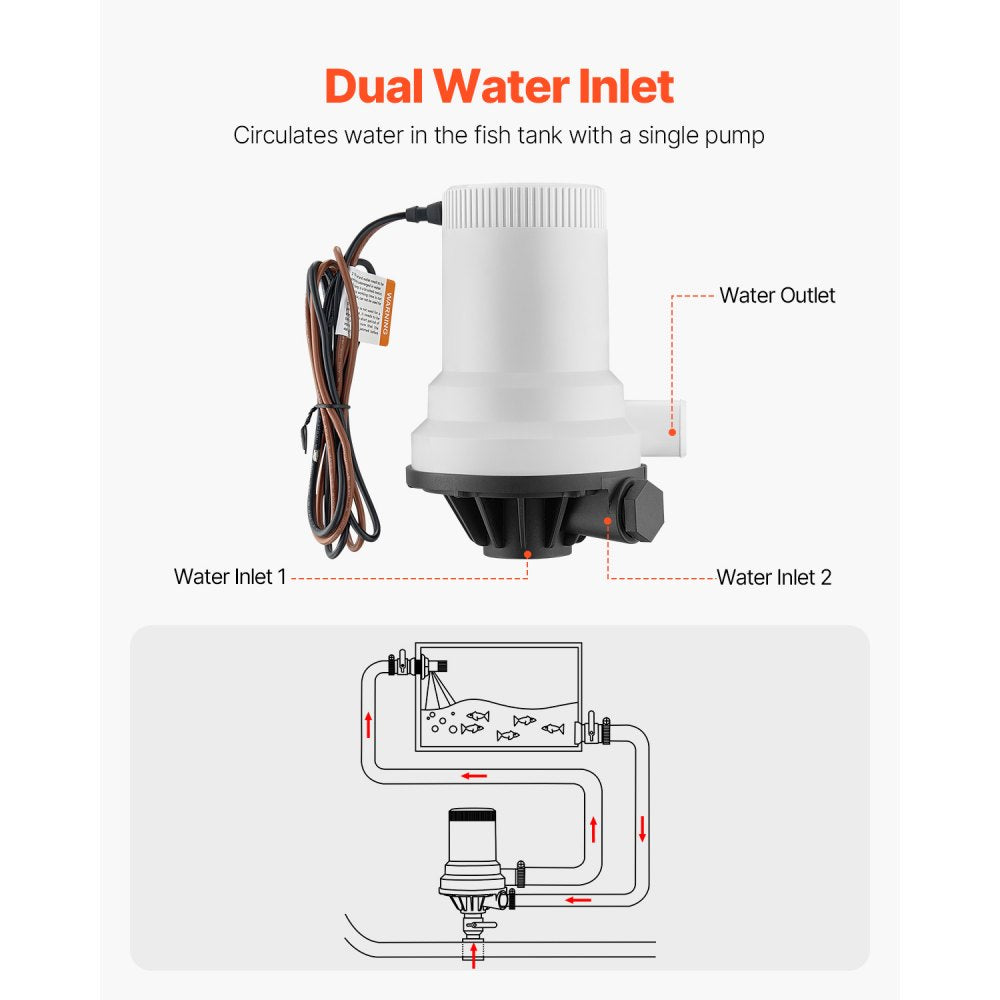 VEVOR Livewell Pump for Boat, 12V 1600 GPH Straight Livewell Aerator Pump with Dual Inlet, ABA Housing & Detachable Motor Cartridge, Corrosion-Resistant Livewell/Baitwell Pump for Freshwater Saltwater
