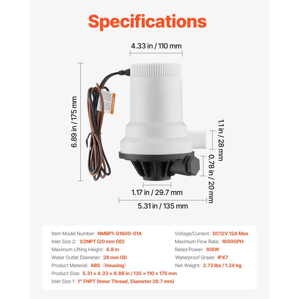 VEVOR Livewell Pump for Boat, 12V 1600 GPH Straight Livewell Aerator Pump with Dual Inlet, ABA Housing & Detachable Motor Cartridge, Corrosion-Resistant Livewell/Baitwell Pump for Freshwater Saltwater