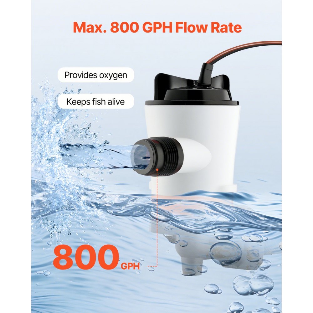 VEVOR Livewell Pump for Boat, 12V 800 GPH Livewell Aerator Pump with Detachable Motor, 90-Degree Baitwell Pumps for Boats, Corrosion-Resistant Submersible Aerator Pump, for Freshwater and Saltwater