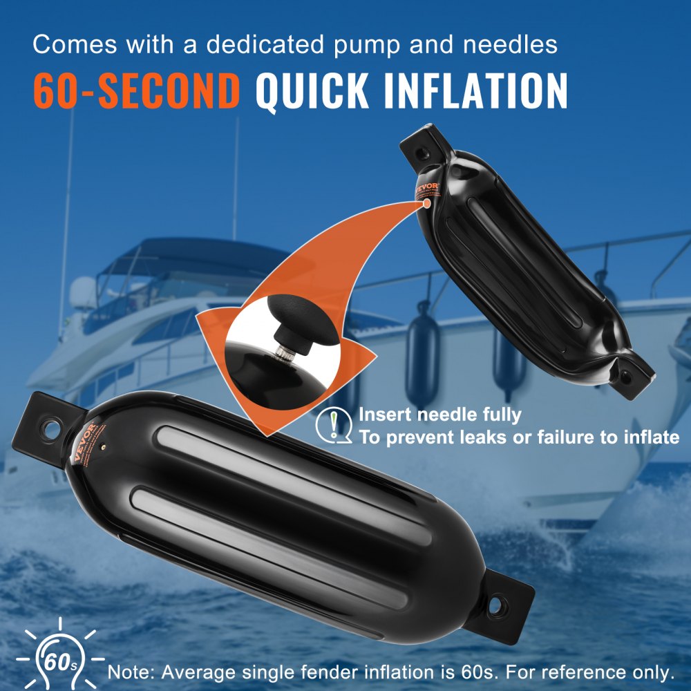 VEVOR Boat Fenders, 6.5" x 23" Boat Bumpers for Docking, Inflatable Ribbed Fender with Center Holes, Marine Boat Dock Fender Bumper with Air Pump, 4 Needles and 4 Ropes and Storage Bag, Black