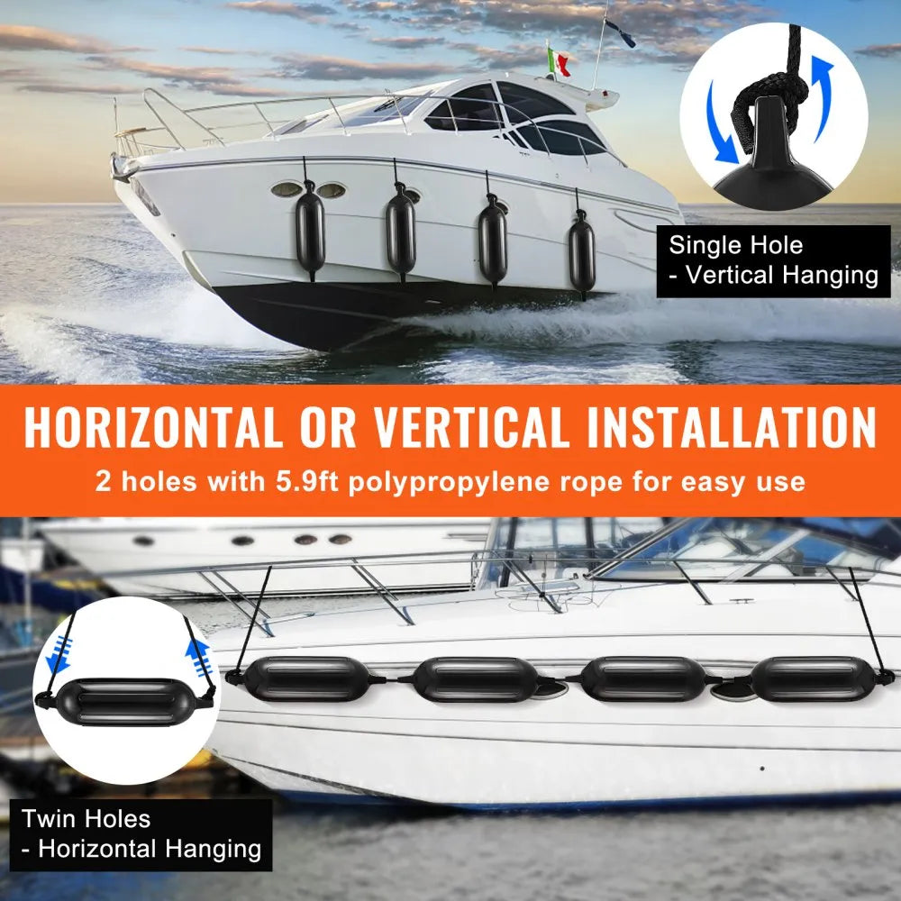 VEVOR Boat Fenders, 8.5" x 26" Boat Bumpers for Docking, Inflatable Ribbed Fender with Center Holes, Marine Boat Dock Fender Bumper with Air Pump, 4 Needles and 4 Ropes and Storage Bag, Black