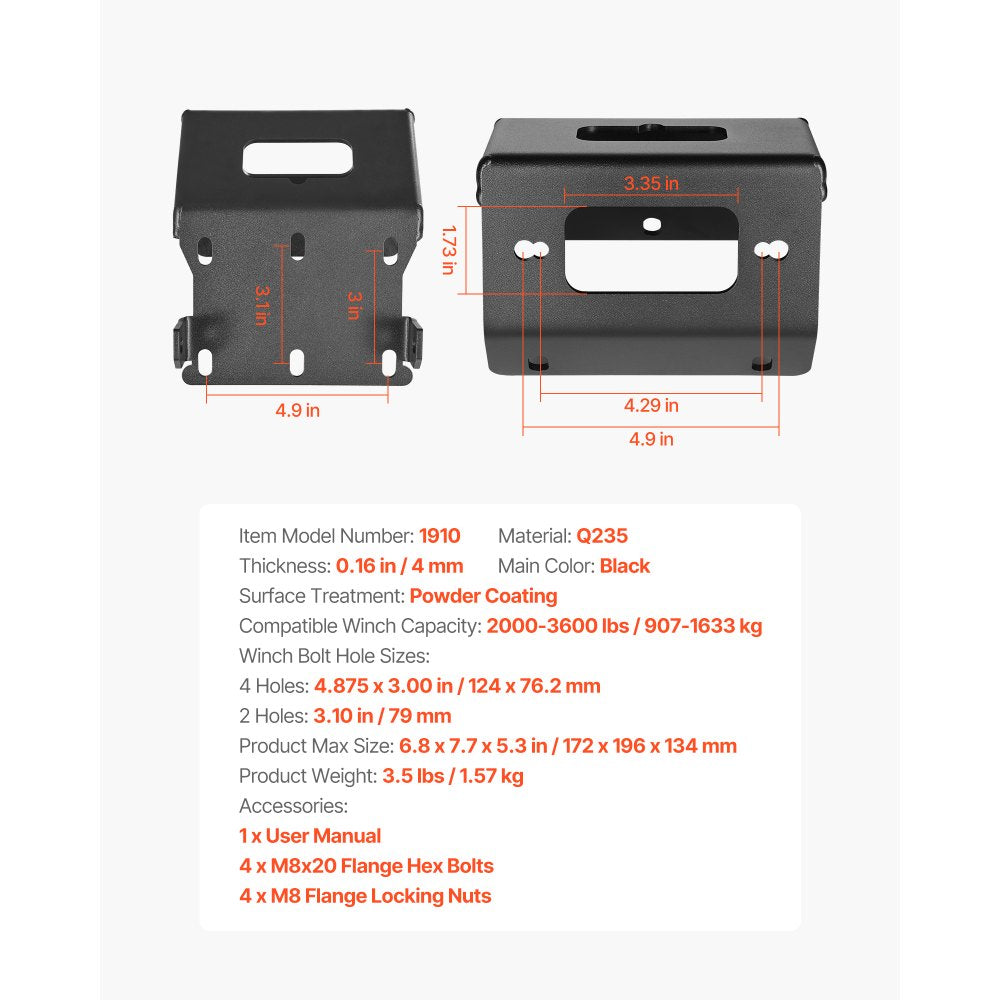 VEVOR Winch Mount, Winch Capacity of 2000-3600 lbs, Trailer Hitch Winch Mount for Select Honda Foreman and Rancher Rubicon Models (2014-2021), 2 Mounting Hole Design, Powder Coated Steel, Black